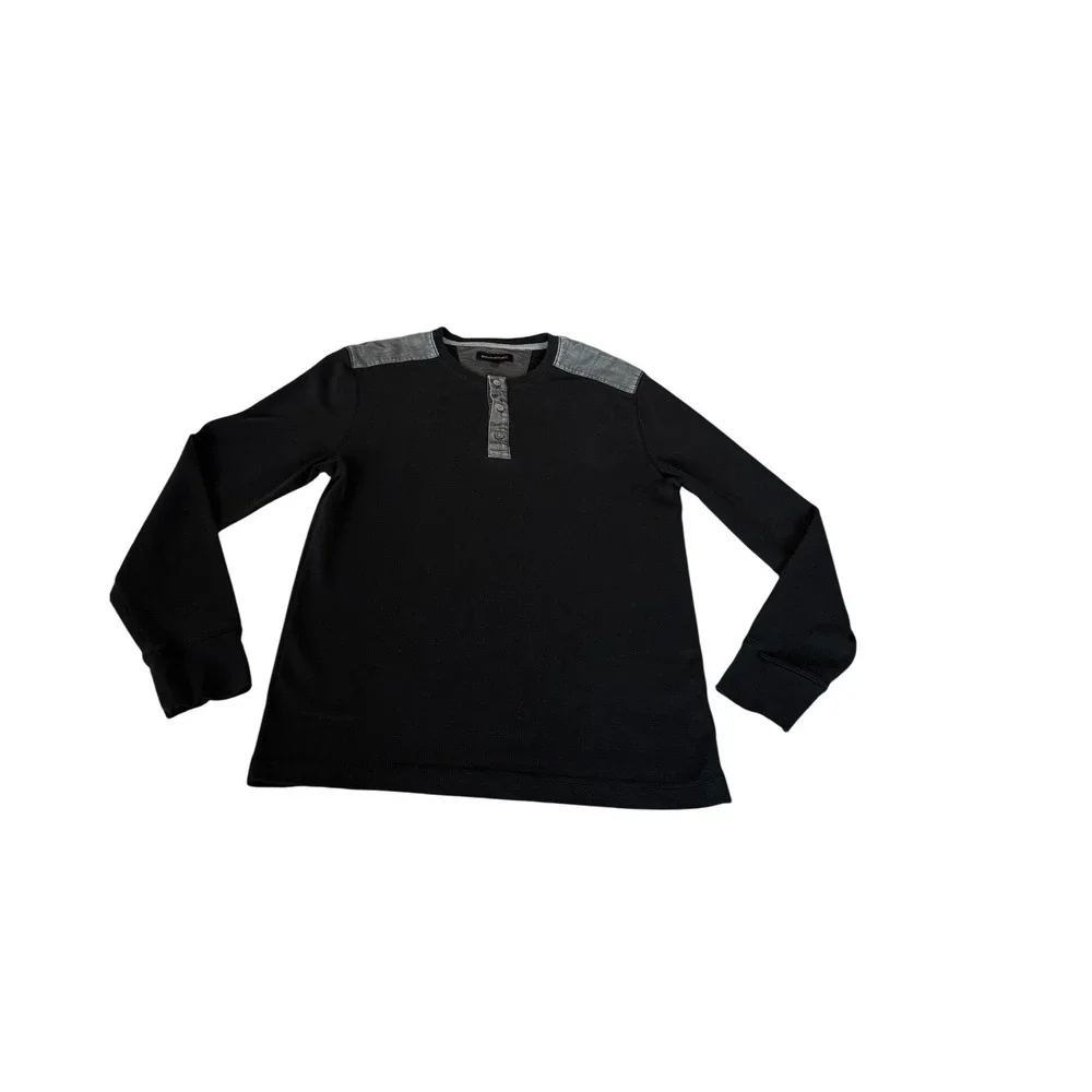 Banana Republic Mens Black Waffle Knit Henley Long Sleeve Grey Shoulder Patch L